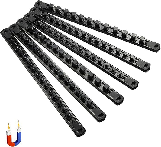 ALOANES 6-Piece Magnetic Socket Organizer, Heavy Duty Aluminum Socket Rails Organizer, 360째 Swivel Clips Socket Holder Kit for Tool Box, 1/2, 3/8, 1/4-Inch Socket Holder x 80 Clips (Black)