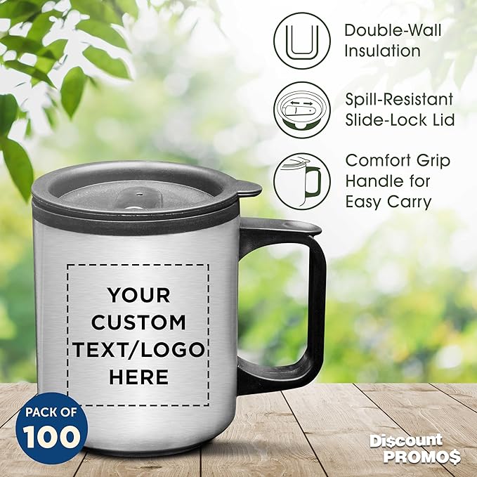 DISCOUNT PROMOS Custom Stainless Steel Travel Mugs with Handle 12 oz. Set of 100, Personalized Bulk Pack - Perfect for Coffee, Soda, Other Hot & Cold Beverages - Stainless Steel