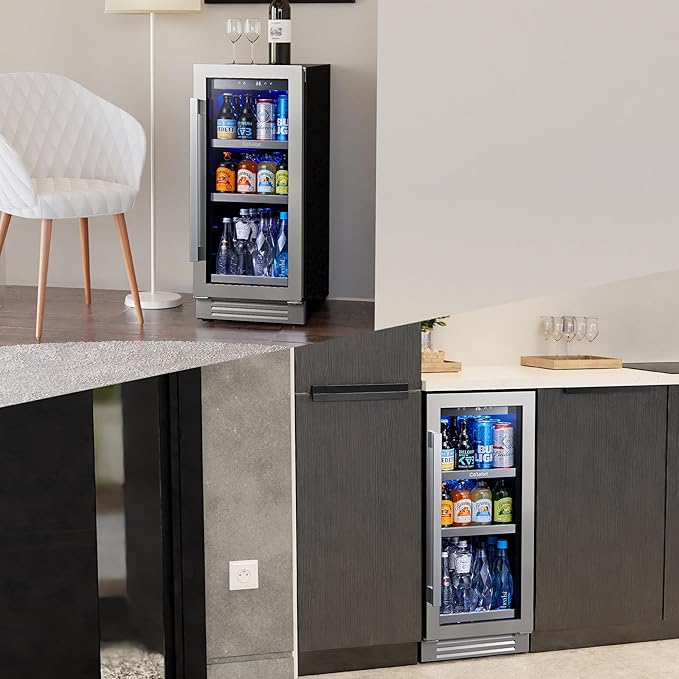 Ca'Lefort 15 Inch Beverage Refrigerator - 100 Can Small Beverage Fridge, Drink Fridge Glass Door 3 LED 34째F -54째F Beverage Cooler Built-in or Freestanding, Perfect for Home/Kitchen(3.0 cu.ft)