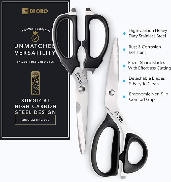 DI ORO Heavy Duty Kitchen Shears - All Purpose - Sharp Scissors for Food, Meat, & Herbs - Stainless Steel Kitchen Shears Heavy Duty & Dishwasher Safe - Bone Cutting Scissors