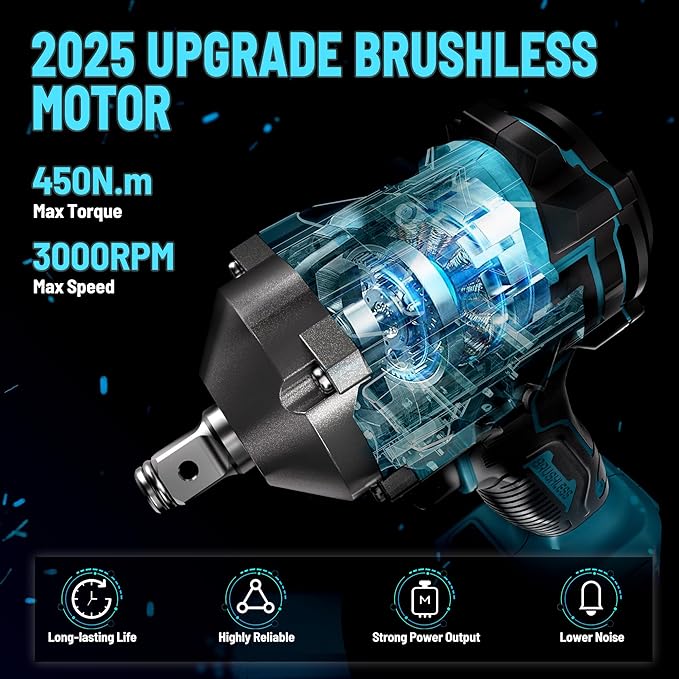 GEVEELIFE 450N.m/332Ft-lbs Brushless Impact Wrench,1/2" Cordless Impact Gun with 4.0Ah Battery & 6 Sockets, Electric Impact Driver for Car/DIY Furniture/Lawn Mower/blue (450N)