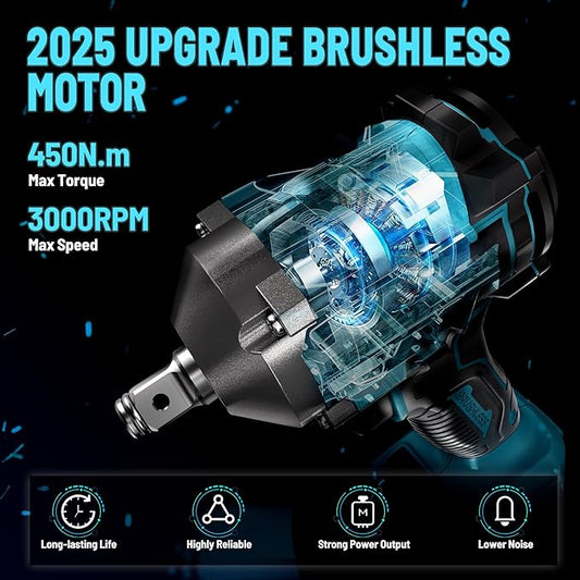 GEVEELIFE 450N.m/332Ft-lbs Brushless Impact Wrench,1/2" Cordless Impact Gun with 4.0Ah Battery & 6 Sockets, Electric Impact Driver for Car/DIY Furniture/Lawn Mower/blue (450N)