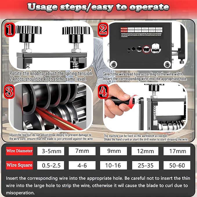 Manual Wire Stripper Machine,Drill Powered Hand Crank Wire Stripper Tool With 6 Channels and 5 Blades,Wire Stripping Tool for 0.06"-0.65" Scrap Wire,Scrapping Copper Wire Peeler Machine (Black)