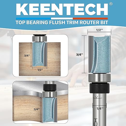KEENTECH Router Bits 1/4" Shank, Flush Trim Router Bit, Top Bearing Carbide Tipped Pattern Bit, Template Straight Heavy Duty Woodworking Trimming Cutting Tool for Wood, 1/2" Diameter, 3/4" Depth