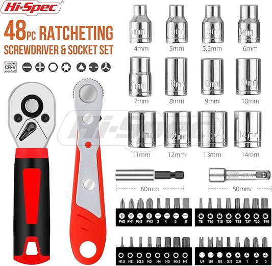 Hi-Spec 48pc Ratcheting Screwdriver & Socket Set, 1/4" Drive Mini Bit Ratchet and Quick-Release Ratchet, CR-V Sockets 4??4 mm, Security Bits in Portable Case