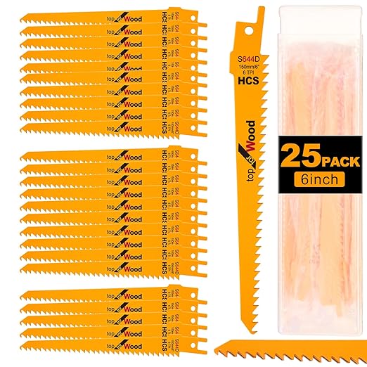 Lothee 25 Pack 6tpi Reciprocating Saw Blade Bulk Taper-Back Bi-Metal Saw Blades for Metal Woodcutting General Purpose Wood Cutting Pipe (6 Inch)
