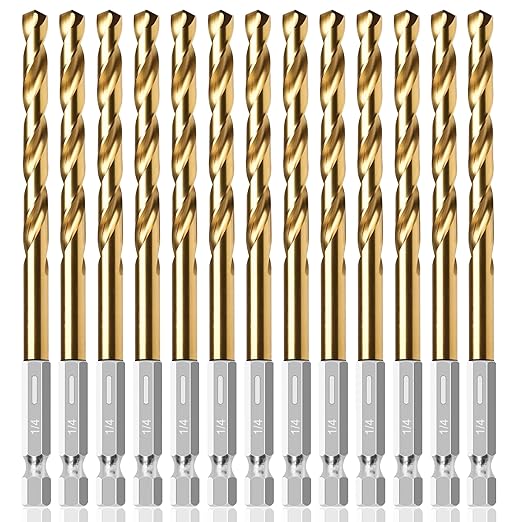13PC 1/4" Titanium Coated Twist Hex Shank Drill Bit Set, 135 Degree Tip HSS Drill Bit Sets, Impact Driver Drill Bits for Wood, Steel, Metal, Plastic with Quick Change Design