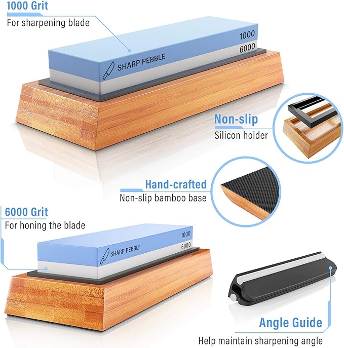 Sharp Pebble Premium Whetstone Knife Sharpening Stone 2 Side Grit 1000/6000 Waterstone with Honing Guide(Chisel Sharpening Jig) - Whetstone Knife Sharpener- NonSlip Bamboo Base & Angle Guide