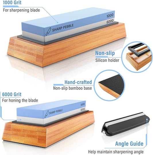 Sharp Pebble Premium Whetstone Knife Sharpening Stone 2 Side Grit 1000/6000 Waterstone with Honing Guide(Chisel Sharpening Jig) - Whetstone Knife Sharpener- NonSlip Bamboo Base & Angle Guide
