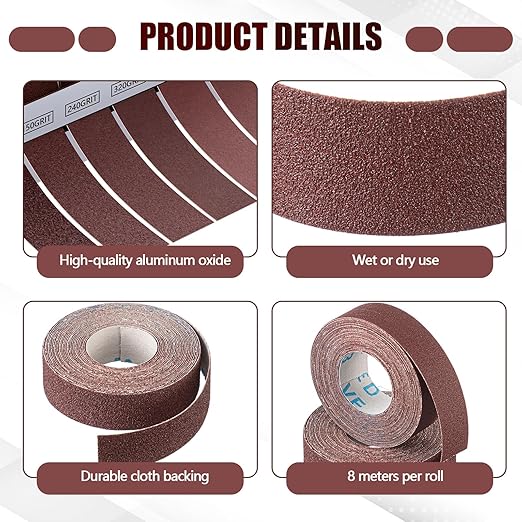 6 Grits Emery Cloth Roll 8m 1'' x 26' Sand Paper Roll with Dispenser, 80 150 240 320 400 600 Grit Abrasive Sand Paper Assortment for Wood Furniture Metal Automotive Polishing, Wet and Dry Use