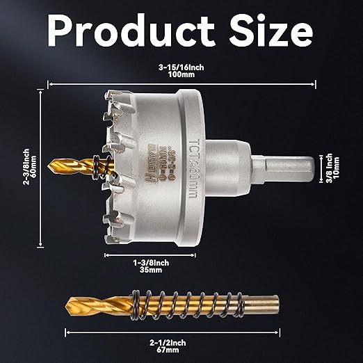 Hole Saw 2-3/8" (60mm) Heavy Duty Carbide with 2 Pilot Drill Bits - Metal Hole Cutter Cuts Stainless Steel, Iron, Copper, Brass, Plastic