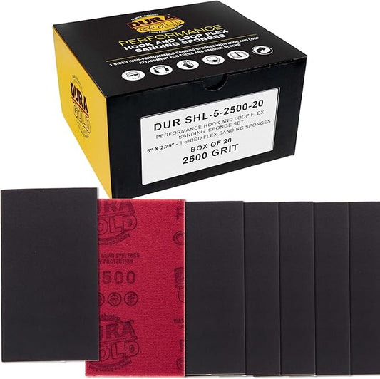 Dura-Gold 2500 Grit 5" x 2-3/4" Sanding Sponges, Box of 20 - Performance Hook & Loop Wet or Dry Flexible Sandpaper Sponge Pads - for Hand Sanding Blocks, Palm Sanders - Polish Metal, Auto Paint, Wood