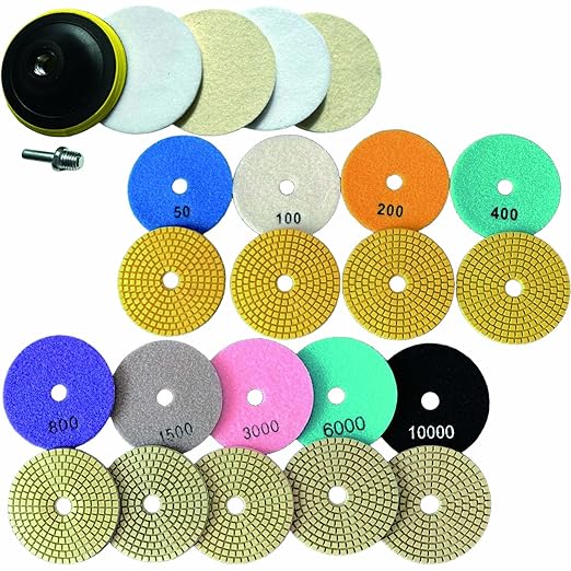 15 PCS Diamond polishing Pads Kit with Backer Pad, Quartz countertop Repair kit, 50-10000 Grit 4 inch Polisher Wheel Disc for Granite, Marble, Concrete, Stone, Glass, Ceramic Tile Polishing