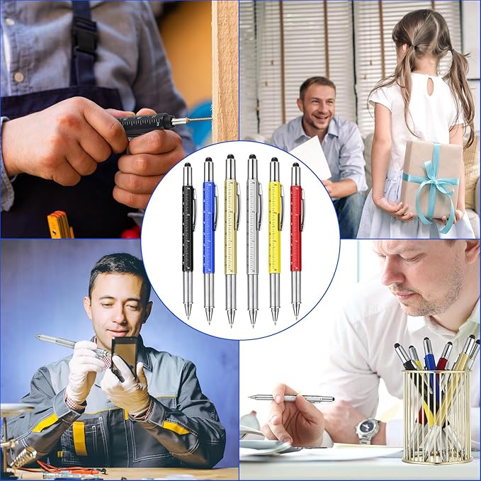Honoson 120 Pcs Tool Pen for Men Gift 6-in-1 Multitool Tech Tool Pen with Ruler, Level Gauge, Ballpoint, Stylus, Screwdriver and Slotted Screwdriver Multifunction Gift for Dad Father Day (Fresh Color)