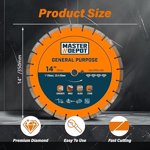 14 inch Diamond Saw Blade for Angle Grinder,Segmented General Purpose Blade Dry/Wet Cutting Blade for Concrete, Paver, Masonry, Terrazzo, Stone, Granite, Block, 1"-7/8" Arbor (1 Pack)