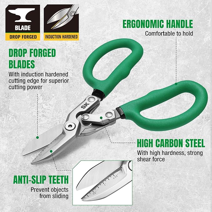 SK 8" Compound Action Tin Snips, Metal Shears with Forged Blade, Heavy Duty Metal Cutter Scissors, Ergonomic Handle for Comfortable Grip
