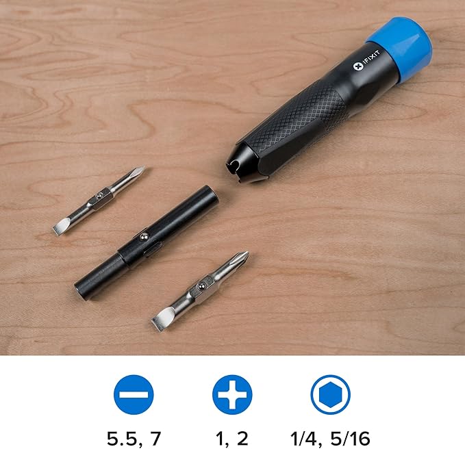 iFixit Narwhal Driver - 6-in-1 Screwdriver Phillips, Flathead, Nut Bits for Household DIY and Electronics Repair