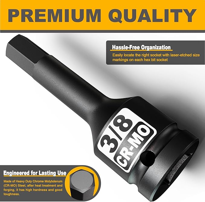 1/2" Drive H3/8-Inch Impact Hex Bit Socket, SAE Allen Bit Socket, Cr-Mo Steel, Removing Loosening Hexagon Bolts