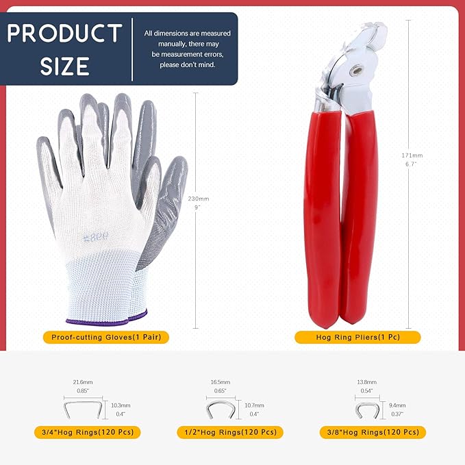 Hilitchi 360Pcs Galvanized Hog Rings with Angled Head Hog Ring Pliers and Protective Gloves Set Professional Upholstery Installation Tool for Bungee Shock Cords Animal Pet Cages Bagging and More