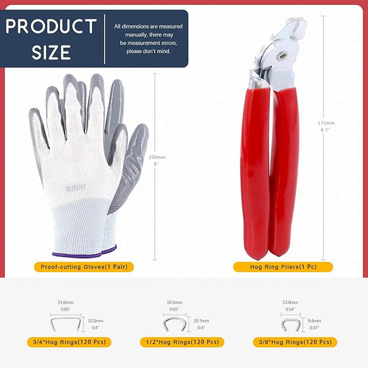 Hilitchi 360Pcs Galvanized Hog Rings with Angled Head Hog Ring Pliers and Protective Gloves Set Professional Upholstery Installation Tool for Bungee Shock Cords Animal Pet Cages Bagging and More