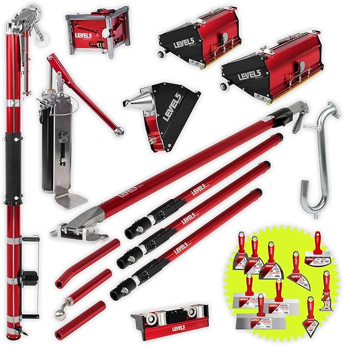 Full Taping/Finishing Set, High Capacity Boxes + Ext. Handles - LEVEL5 | Auto Taper, 7??10" MEGA Boxes, 3??Angle Head, 7??Corner Applicator Box, Corner Roller, Ext. Handles, Pump, Gooseneck | 4-611
