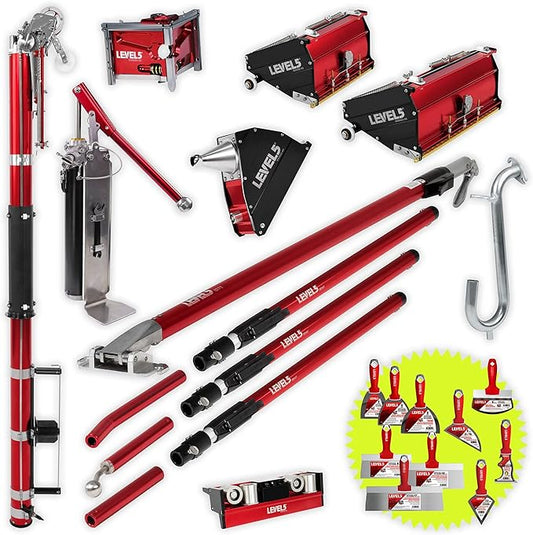 Full Taping/Finishing Set, High Capacity Boxes + Ext. Handles - LEVEL5 | Auto Taper, 7??10" MEGA Boxes, 3??Angle Head, 7??Corner Applicator Box, Corner Roller, Ext. Handles, Pump, Gooseneck | 4-611