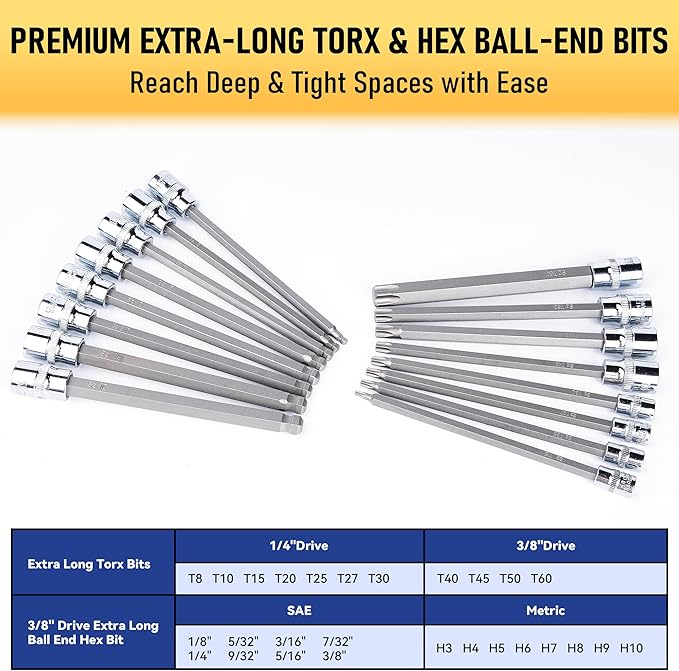 107-Piece Master Torx & Allen Bit Socket Set, S2 Steel, 1/4" 3/8" 1/2" Drive, Long Torx, Ball End Hex, Tamper-Resistant Star, E-Star Sockets, SAE & Metric (Chrome-Polished Set)