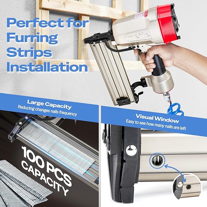 meite ST64E Concrete Nail Gun Heavy Duty Pneumatic Concrete T-Nailer Gun for Plywood/Decking/Furring, 100PCS Magazine, Accepts 3/4'' to 2-1/2''