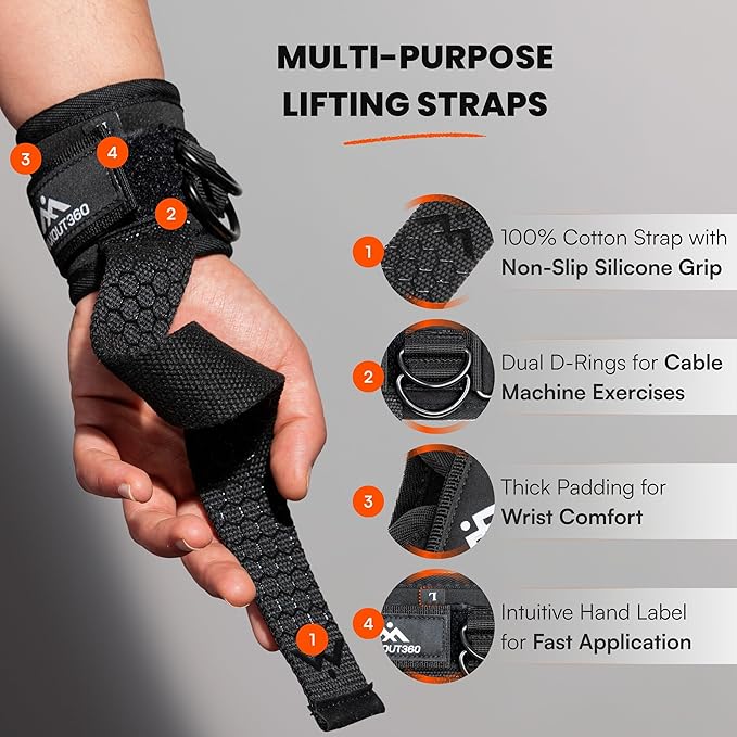 Weight Lifting Straps with D Rings for Cable Machines and Gym Wrist Straps for Weightlifting with Lifting Cuffs and Enhanced Silicone Grip for Deadlifts & Gym Training, Black