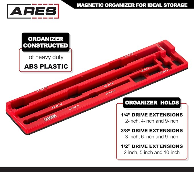 ARES 70753-9-Piece Extension Bar Set - Includes 1/4-inch, 3/8-inch, and 1/2-inch Drive Extension Bars - Magnetic Organizer for Ideal Storage