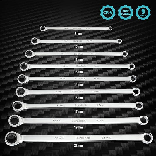 DURATECH Extra Long Ratcheting Wrench Set, Double Box End Wrench Set, Metric, 9-Piece, 8,10,12,13,14,16,17,19,22 mm, CR-V Steel, with EVA Foam Tool Organizer