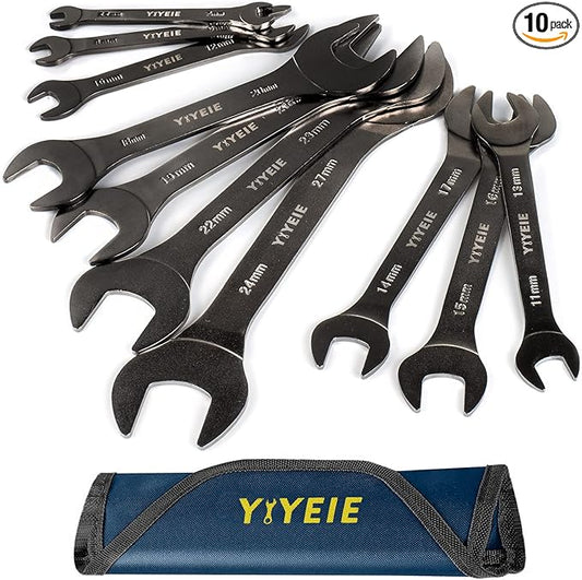 YIYEIE Super-Thin Open End Wrench Set, 10-Piece Metric, 5.5, 7, 8, 9, 10, 11, 12, 13, 14, 15, 16, 17, 18, 19, 20, 21, 22, 23, 24, 27 mm, Nickel Coating, CR-V Steel, Slim Wrench with Rolling Pouch
