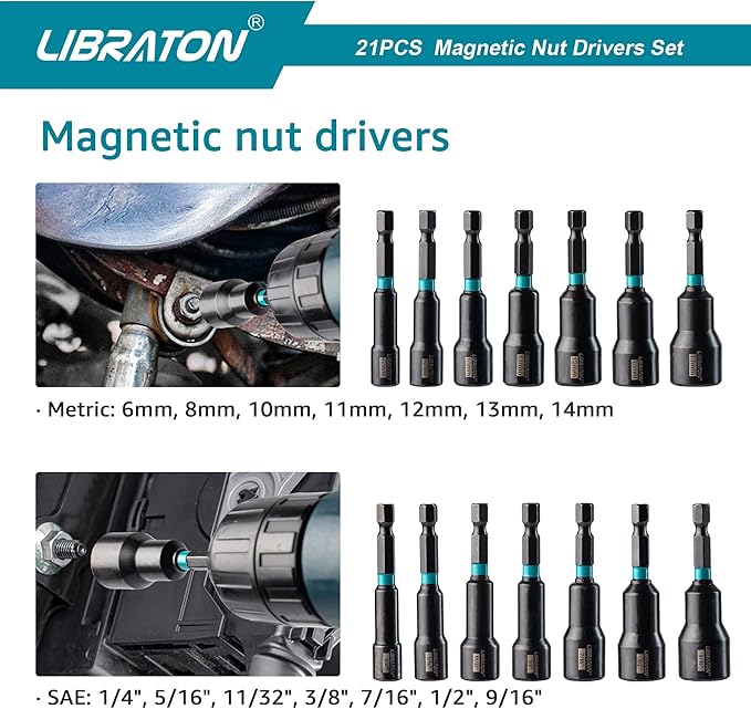 Libraton 21PCS Magnetic Nut Driver Set, Impact Drill Driver Bit Set 1/4", Metric and SAE Nut Driver, Impact Socket Adapters, Bit Holder, Quick-Release Extensions with Storage Bag