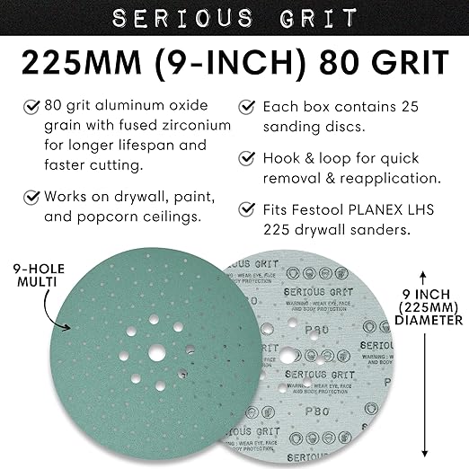 Serious Grit - 225mm 9-Hole 80 Grit Drywall Sanding Discs - Fits Festool Planex LHS 225 Sanders - Heavy-Duty Hook & Loop Film Abrasives - Dust-Free Multi-Hole Drywall Sander Sandpaper - 25 Pack