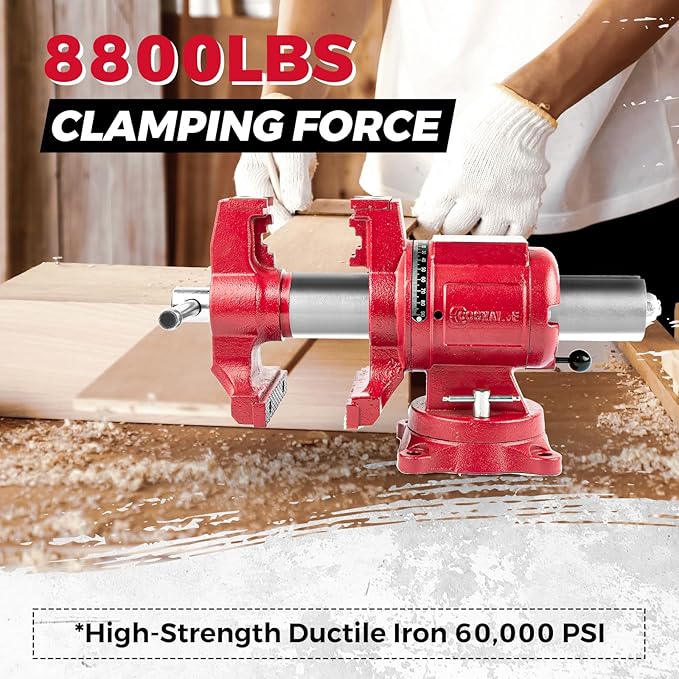 COGNATIVE Upgraded UPG 5-Inch Terminal Location Bench Vise with Ductile Iron Bench Vise 360째 Multi-Purpose Bench Vice with Anvil and Positioning Pins, Clamp force 8800lbs, Red Swivel Vise