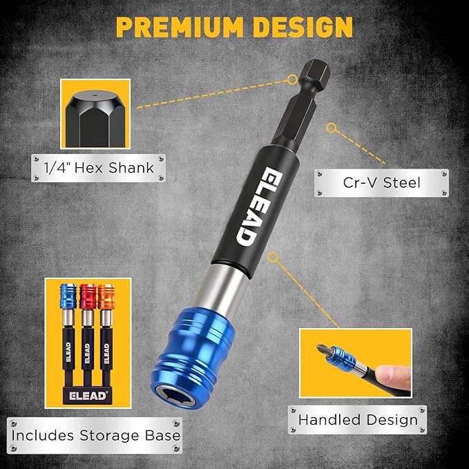 3-Piece 1/4" Quick Change Drill Bit Holder, 4-inch Hex Shank Bit Extension Set, CR-V Steel Quick-release Screwdriver Bits Holder with Storage Base