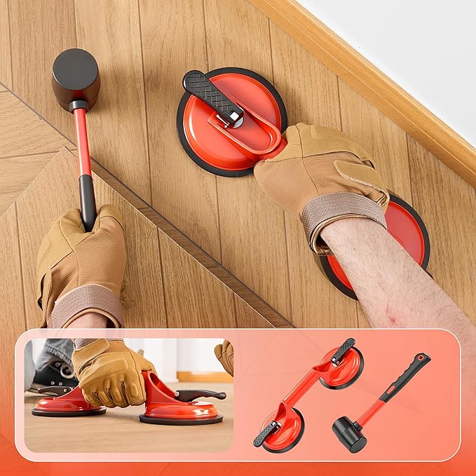 Rubber Mallet & Suction Cup Floor Gap Repair Tool Kit for Laminate, Floating Wood Floors - DIY Gap Fixing (RED)