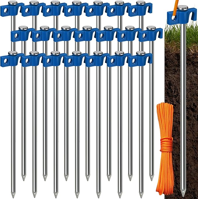 Tradesparker Tent Stakes 22-Pack 8Inch Heavy Duty Garden Stakes Canopy Anchors Double-Sided Hook Design - Includes Ropes for Camping Tents, Pop Up Canopies and Outdoor Events, Blue