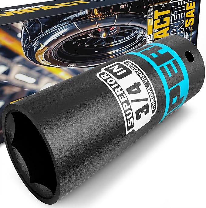 1/2" Drive Impact Socket, 3/4 inch Deep Socket, SAE, 6 Point, CR-V, for Car Repair, Loosen the Fastening Nut