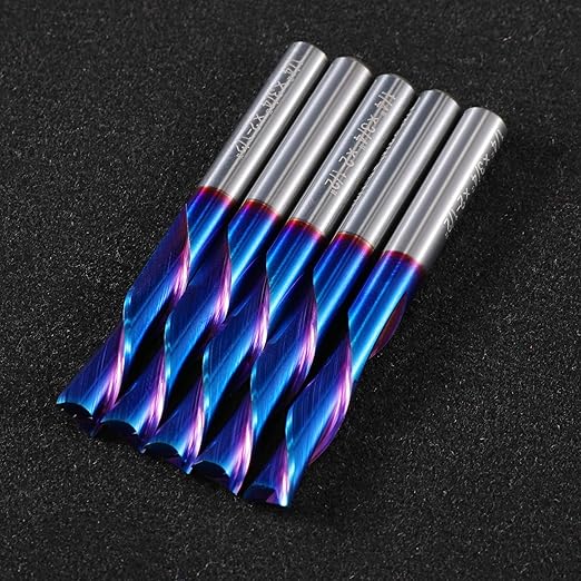 HQMaster Spiral Router Bit Downcut 1/4 Inch Shank Solid Carbide CNC Router Bit with Nano Blue Coating CNC Bits End Mill for Woodwork Mortise Slot Trim, 5 Pack