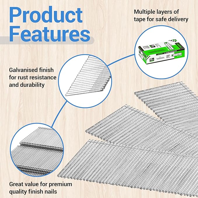 meite 15 Gauge 34 Degree Angled Finish Nails, 1-1/2 Inch Leg Galvanized No-rust Finishing Nails for Nailer Gun, Glue-Collated Trim Nails for Baseboard Crown Cabinet Window Molding, 2 Boxes x 2,000PCS