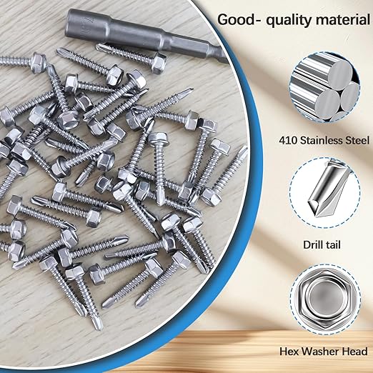 mxuteuk #10횞1" Self Tapping Screws,410 Stainless Steel Self Tapping Screws for Metal,Self Drilling Screws,Hex Washer Head Sheet Metal Screws Suitable for Wood, Metal or Tough Materials (125PCS)