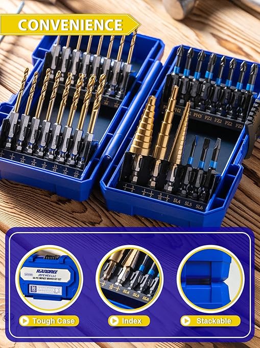 Handree 30pcs Impact Bit Set, Screwdriver Bit Set 11pcs, Hex Shank Drill Bit Set 16pcs, Step Drill Bit 3pcs, High Speed Steel Materialand Titanium Coating, S2 Alloy Steel Bits with Index Box