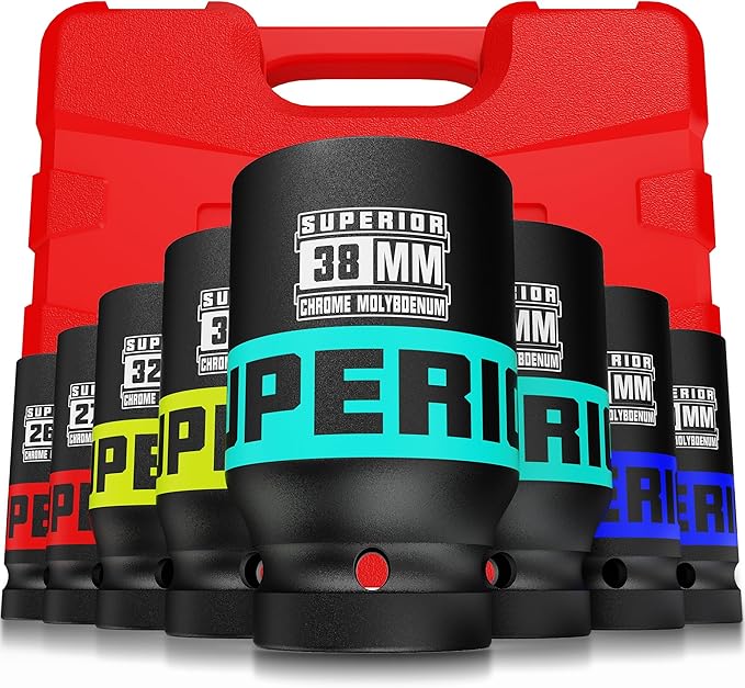 8 Piece 3/4" Drive Impact Socket Set, 26 mm to 38mm Deep Socket, Metric Jumbo Sockets, 6-Point, CR-MO, Large Automotive Repairs, Machinery, Maintenance