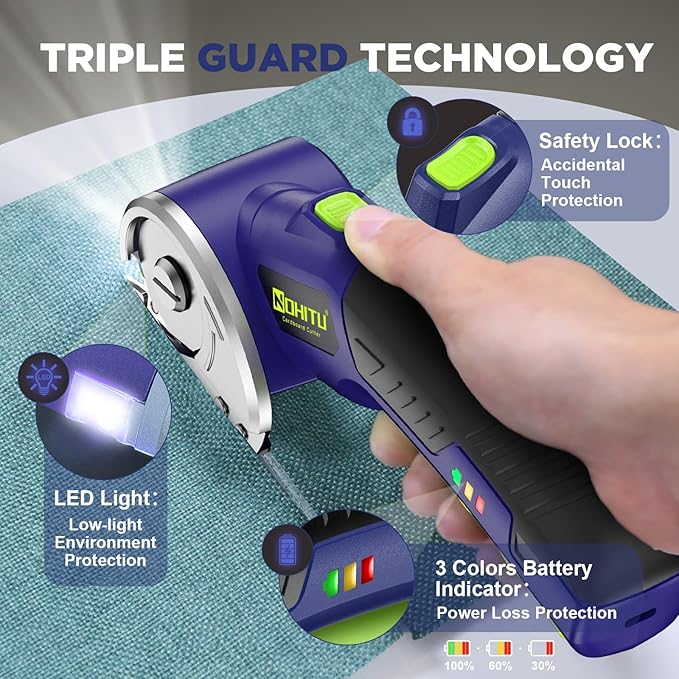 Cordless Electric Scissors: 4V Rechargeable Rotary Cardboard Cutter, 3000mAh Battery, with LED Light & Safety Lock, 2 Blades, Electric Box Cutter for Fabric Carpet Carton Plastic Leather Cloth (Blue)