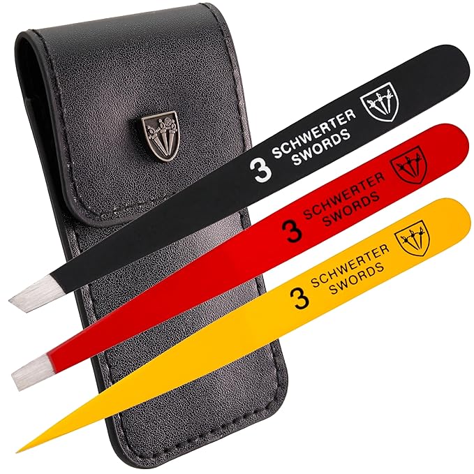 3 Swords Germany – brand quality professional stainless steel precision tweezer set “GERMANY”, slanted, straight, pointed eyebrows hair, synthetic leather case, manicure pedicure by 3 Swords (005342)