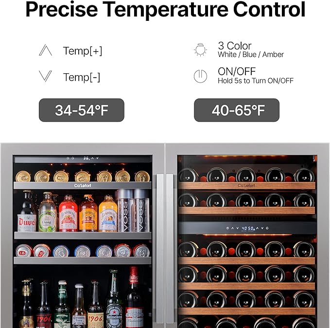 Ca'Lefort Wine Beverage Refrigerator Bundle - 48 Inch 34-65째F Drink Fridge Glass Door, 3 LED Dual Zone Wine Fridge Built-in or Freestanding, Holds 220 Cans and 46 Bottles (11.3 Cu.ft)