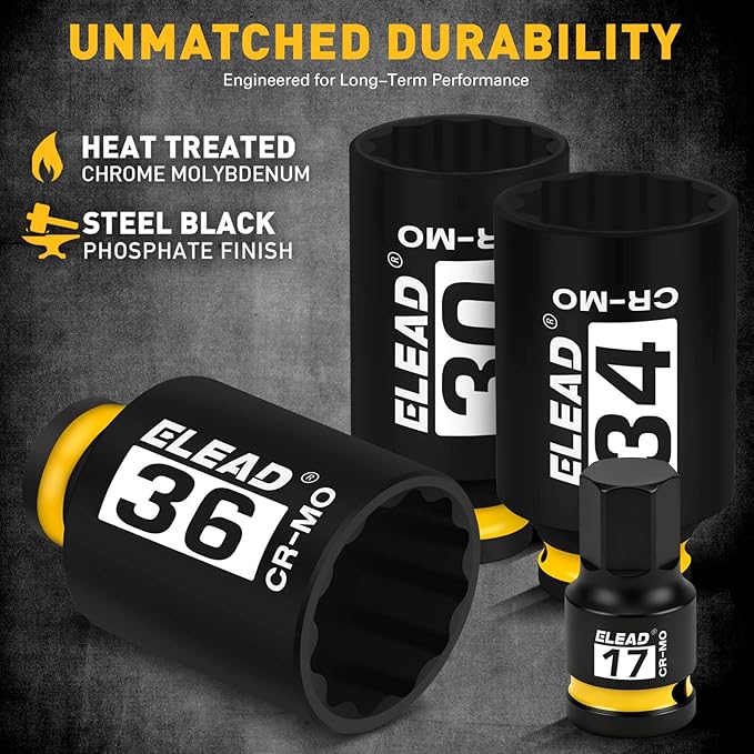 1/2" Drive Axle Nut Socket Set, 8-Piece 12-Point Metric Wheel Axle Nut Wrench Large Jumbo 30mm 32mm 34mm 35mm 36mm, Hex Bit Socket 14mm 17mm 19mm, Car Spindle Joint High Torque Truck Bearing Locknut