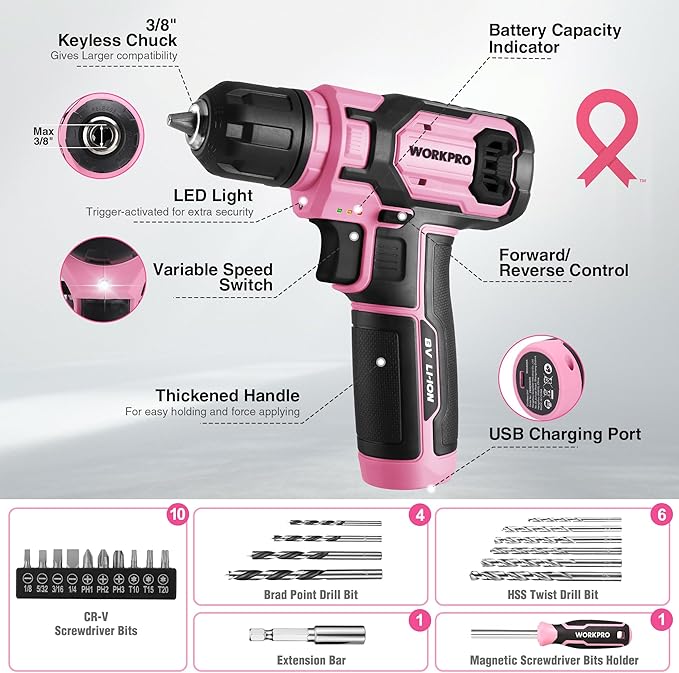 WORKPRO Pink Tool Set with Drill, 43PCS Power Drill Set with Toolbox, 8V Lithium-ion Cordless Drill and Bits, 2.0 Ah Portable Electric Screwdriver Home Tool Set with Stackable Box- Pink Ribbon