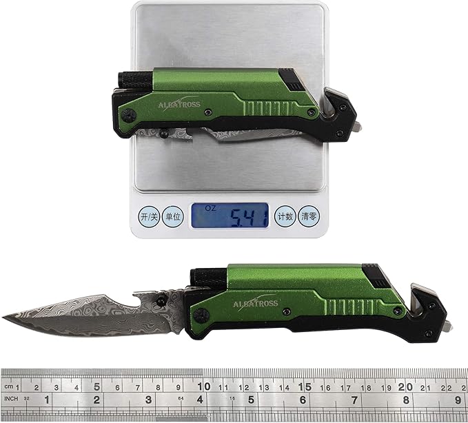 ALBATROSS 6-in-1 Modern Damascus Steel Folding Pocket Knives with LED Light,Seatbelt Cutter,Glass Breaker,Magnesium Fire Starter,Bottle Opener;Multi-Function Emergency Tool(Green-DA)